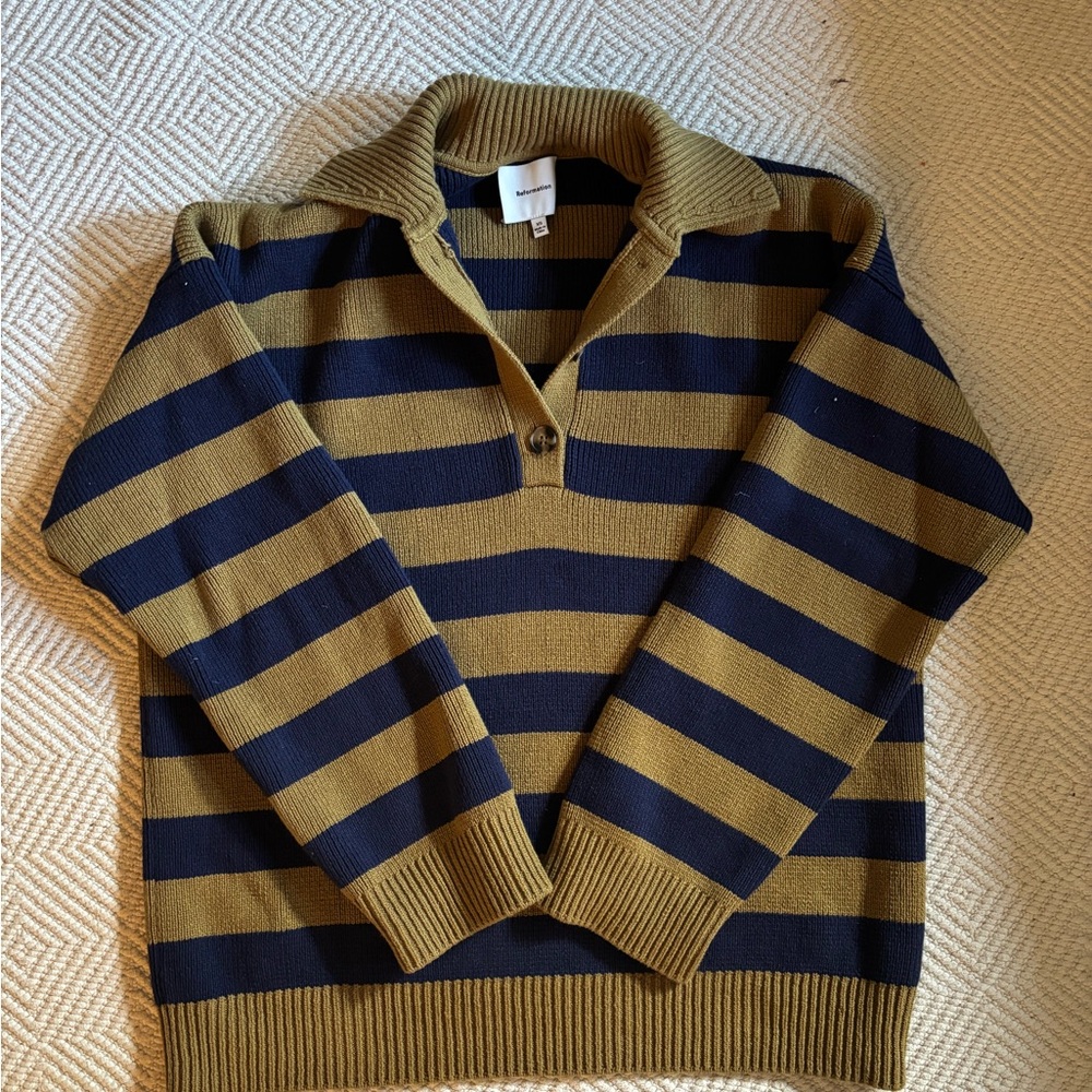 Reformation Brooklyn Cotton Polo Sweater (Bronze Navy Stripe)